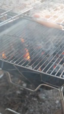 Dikey video. Çiğ Et, Görünür Alevler ve Duman Yükselişi ile Bir Kömür Izgarasının Üzerinde Bir Tel Rafta Yerleştiriliyor, Doğal Arkaplan ile Yavaş Çekimde Yakalandı