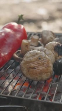 Dikey video. Kırmızı çan biberleri ve mantarlar kızgın kömürün üstünde pişiyor, bir el de sebzeleri doğaya yakın bir yerde ayarlıyor.
