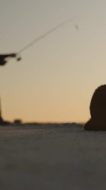 Dikey video. Ön planda sakince iskelede oturan siyah ve beyaz bir kedi. Bir balıkçı arka planda canlı bir gün batımına karşı canlı bir olta atar.