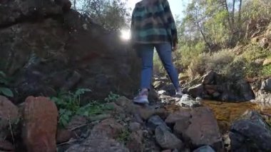 Kareli Ceketli Kadın Güneş Işığı ve Ormanlı Sığ Dağ Dere Boyunca Kayalıklarda Yürüyor