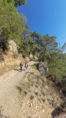 Dikey video. Kayalık Dağ Yolu 'nda tepeye tırmanan erkek ve kadın, Arkaplan Sahili Manzaralı Uçurumun Kıyısında Düşen Ağaca Yaklaşıyor.