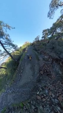 Dikey video. İki Yürüyüşçü Uzakta Kıyı ve Dağlar manzaralı Yoğun Yeşillik ile çevrili Rocky Yolu