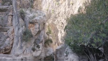 Sarp Rocky Uçurumları Yeşil Vejetaryen Nehrine Bakan, Engebeli Kaya oluşumlarına Güneş Işığı Döken Gölgeler, Doğal Yaban Hayatı