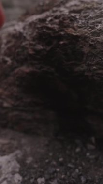 Dikey video. Türkiye 'nin Chimaera bölgesindeki pürüzlü bir taşı işaret eden bir Rocky Surface' in yakın çekimi, Kaya oluşumunun detaylarını geliştiren karanlık aydınlatma, jeolojik keşif sahnesi