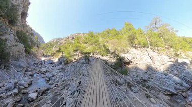 Yeşil Ağaçlar ve Uçurumlar ile Rocky Dağı nehri üzerindeki ahşap süspansiyon köprüsünün ilk kişi görüntüsü, 360 derecelik bir kameraya doğru gidiyor.