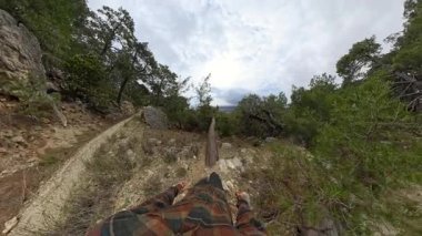 Düşen Ağaç Gövdesinin Üzerinde Dengelenen Bir Adamın İlk Görüş Alanı Dağlık bir manzaraya bakan Bulutlu Gök Altındaki Şehir