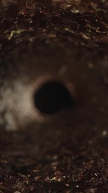 Dikey video. Kamera içi boş bir Nori tüpünün içinde hareket eder, tünele benzer derinlik etkisi ve kademeli odak kayması ile makro yakın çekim görüntüsü yakalar