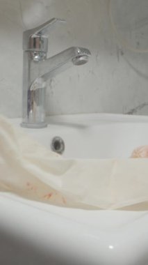 Dikey video. Kanlı Havlular ve Parlak Işık Altında Tıbbi Atık, Klinik Temizlik Konsepti ile Lavaboya Eldiven Düşüren Dolly Kaydırma Yakın Çekim