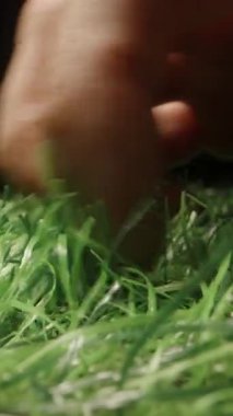 Dikey video. Görünür Doku ve Basınç ile Yapay Yeşil Çimene Bastıran Parmakların Kapanışı Loş Işıklandırma Konsepti Duyusal Geribildirim ve Malzeme Simülasyonunda Dokunsal Etkileşim Oluşturuyor