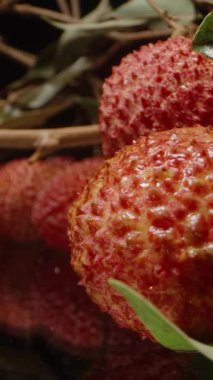 Dolly Kaydırıcı Görünüşte Yansıtıcı Yüzey ve Ayrıntılı Cilt Dokusuna sahip Dallardan sarkan Lychees Kümesine Odaklanıyor