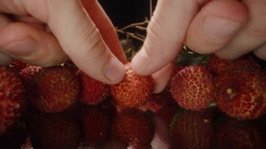 Eller Taze Lychee 'yi Hafifçe Parmaklar Arasında Yansıtıcı Yüzeyde Tüm Meyveler Arkaplanda Yakından Yakından Yakından Çekildi