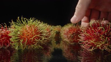 Arka planda Stüdyo Işığı Altında Diğer Meyvelerle Yansıtıcı Yüzeyden Nazikçe Dikenli Kırmızı Rambutan Meyveleri Alınıyor