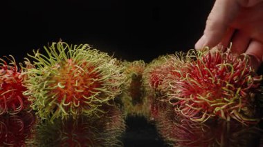 Dikenli Rambutan Meyvesi İçi Pürüzsüz Beyaz Et İçin Açılıyor Parlak Yüzeyin Yansıması Yakından Yakından Yakından Çekildi