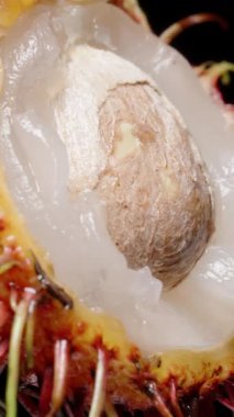 Yarım Rambutan, Sulu Beyaz Etli ve Kırmızı Kıllı Kabukla çevrili Siyah Arkaplanda Makro Yakın plan, Tropikal Meyve Detaylı Konsept