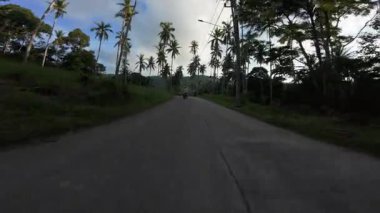 İnsansız hava aracı hızla yaklaşıyor ve Scooter 'daki adamı geçiyor. Tropikal yolda palmiye ağaçları, Arka Hava Hareketi Atışı, Yüksek Hız Kavramını Geçiyor.