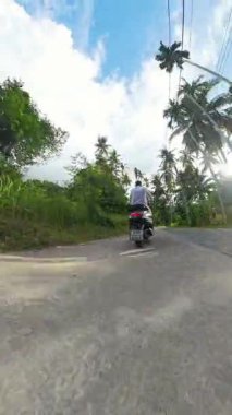 Dikey video. Sunset Light 'ta Lush Palm Grove' da Scooter süren adam, Sol Taraftan Geniş Mercek İzleme Çekimi, Tropikal Sürüş Konsepti