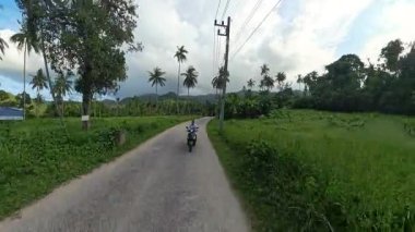 Motosikletli adam, palmiye ağaçları ve bulutlu gökyüzünün altındaki tarım arazisiyle yemyeşil yol kenarından geçiyor.