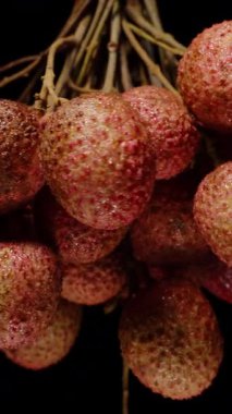 Dikey video. Olgun Lychees 'in Kapanışı Siyah Arkaplan Karşısında Detaylı Görünüm ve Alçak Anahtar Altındaki Doğal Renk Görünümü Dönüşü