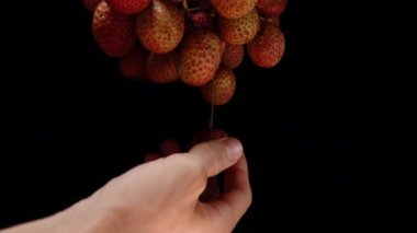 Parmaklar Kümeden Nazikçe Bir Lychee Çekiyor Siyah Arkaplan Karşısında Yakın Görünüm Dönen Sahnede Hareket ve Dokuları Gösterme