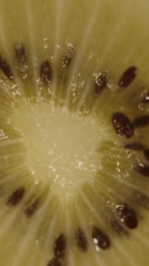 Dikey video. Altın Kivi Dilimi Macro Zoom 'da Ayrıntılı Tohumlar ve Siyah Meyve Beslenme Konsepti İçin Yavaş Hareket Eden Yumuşak Sarı Doku ile Düşüyor