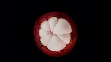 Havada Dönen Mangosteen Açık Makro Zoom Karşısındaki Siyah Tropikal Meyve Konseptine Karşı Kalın Kırmızı Kabuk İçinde Beyaz Sulu Bölümler Gösteriyor