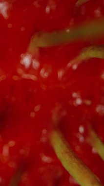 Dikey video. Sığ Odaklanma ve Egzotik Tropikal Doku Konsepti Yavaş Dairesel Hareketi ile Parlayan Kırmızı Cilt ve Sarı Dikenli Rambutan Yüzeyinin Dönen Makro Görünümü