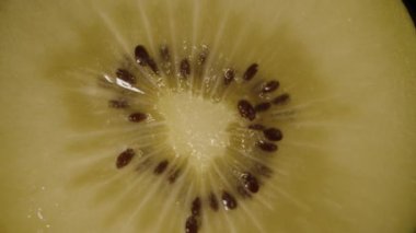 Altın Kivi Dilimi Macro Zoom 'da Ayrıntılı Tohumlar ve Siyah Meyve Beslenme Konsepti İçin Yavaş Hareket Eden Yumuşak Sarı Doku ile Düşüyor