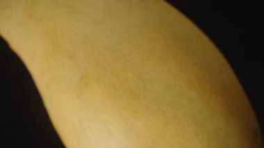 Yakın plan Dolly Kaydırma Çekimi Sarı Mango Düşüşü ve Siyah Arkaplana Karşı Dönen Hava Yumuşak Işıklı Tropikal Meyve Tazeliği