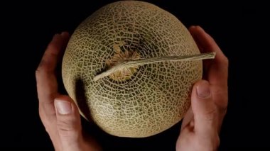 Bir Kavunu İki El Ayırarak Sulu Portakal İçini ve Yarısı Meyvelerin Tohum Çukuru 'nu Karanlık Arkaplanla Yakın Çekimde Ortaya Çıkartıyor