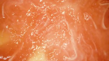 Yumuşak Odaklı Yumuşak Hareket ve Işık Yansıması ile Yumuşak Şeffaf Doku ve İplikleri Gösteren Pembe Guava Etinin Dönen Makro Yakın Çekimi
