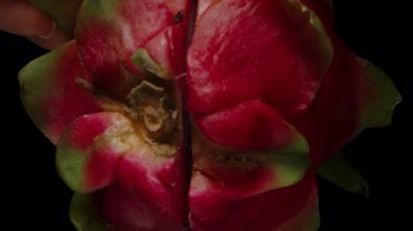 Yarım Ejder Meyvesi Ayrı Kalırken Kamera Merkezden Kayıyor Siyah Tohumlar ve Dinamik Hareketle Yakın Çekimde Pembe Deri ile Beyaz Eti Gösteriyor