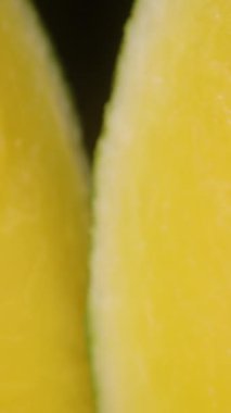 Dikey video. Olgun Sarı Karpuz Çekimini Yakın Çekim Görünür Tohumlar ve Stüdyo Işığı Altında Canlı Dokuma Stüdyo Işığı Altında, Makro Zoom