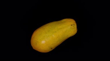 Tüm Olgun Papaya Genel Açı 'dan Kara Arkaplanda Kusursuz Dönüyor, Pürüzsüz Doğal Kusurları Olan Sarı Deriyi Gösteriyor