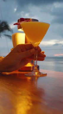 Dikey video. Tropikal Bahçedeki Parlak Güneş Işığındaki Ağaç Gövdesinden sarkan Çoklu Meyveler Yoğun Yeşillik, Doğal Işık, Tropikal Tarım Konseptiyle çevrili