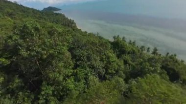 FPV İnsansız Hava Aracı Yamaçtaki Açık Binanın içinden Uçuyor ve Keskin Açı 'daki Ağaçların Üzerindeki Okyanusa Dalıyor