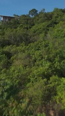 Dikey video. İnsansız hava aracı dağın yamacına tırmanıyor bir tepe binasına doğru sonra eğik açılı yeşilliğin üzerinden aşağı doğru hızla atlıyor.