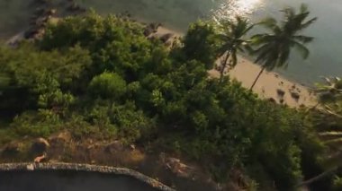 Drone Ormana Dönerken Hava Görüntüsü Kıvrımlı Sahil Çizgisi ve Turkuaz Suları Günbatımında