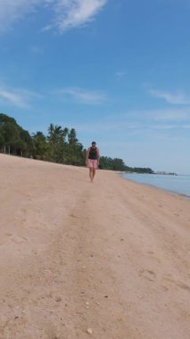 Dikey video. Drone, Parlak Mavi Gökyüzü, Özgürlük ve Keşif Altındaki Sakin Denizi ve Palmiye Ağaçlarını Gösterirken Kumsalda Dolaşan Kadın 'ın Hava Çekimi