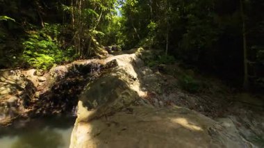 FPV Drone Parlak Gün Işığıyla çevrili Küçük Şelale ve Yoğun Orman ile Sığ Kayalıkların Üzerinde Uçuyor