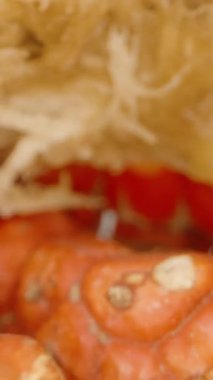 Dikey video. Parlak Kırmızı Pandanus Segmentlerinin Kapanışı Boş Çekirdeğin Önünde, Arkaplanda Yeşil Yeşillik, Düşük Açı 'dan Dolly Slider, Egzotik Meyve Konsepti