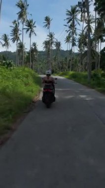 Dikey video. Orman Yolu 'nda scooter süren kadının arka görüntüsü Yüksek Çimen ve Uzun Palmiyeler, Yoldaki Hafif Kavis, Tayland Samui Adası Seyahat Konsepti