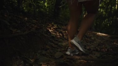 Ayak Yürüme Yaprak Kaplamalı Arazi 'de Arka Taraftan Yavaş Hareket, Orman Adımlarını Vurguluyor, Tropikal Yürüyüş Konsepti