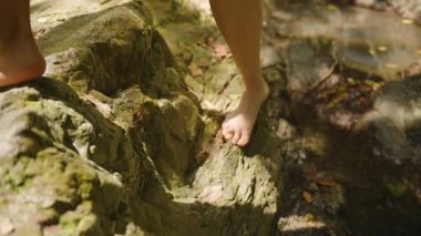 Cilt dokusu ve Doğal Yüzey, Sabit Bağlantı Konseptine Odaklanmış Yavaş Hareketli Orman Kayası Yolu 'ndaki Yalınayak Adımlarının Arka Bakış Görünümünü Kapat