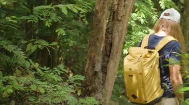 Sarı Sırt Sırtlı Kadın Tayland 'da Yoğun Tropikal Ormanda Yürüyor Destek İçin Asılı Sarmaşığa Tutunuyor Ağaçların Arkasından Vuruldu, Doğal Keşif Konsepti