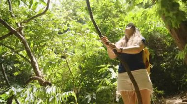 Sarmaşık Tutan ve Yukarı Bakan Kadın Yoğun Tropikal Yeşillik, Düşük Açı, Orman Macerası Konseptiyle çevrili
