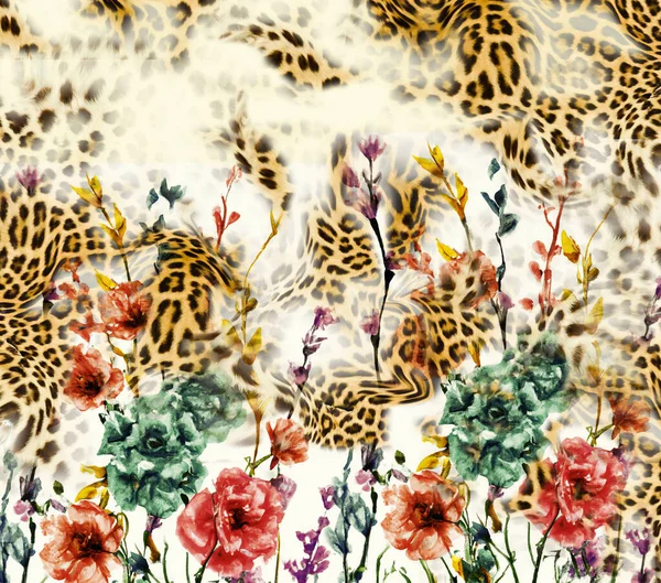 Luipaard Huid Met Bloemen Patroon Textuur Print Voor Doek Ontwerp — Stockfoto