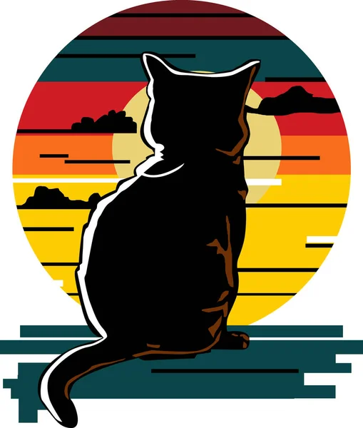 Cat Retro Vintage Sunset Renkli - Stok İmaj