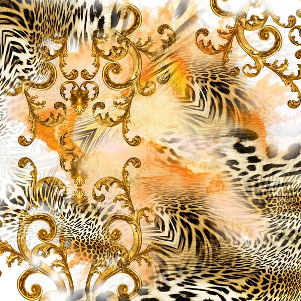 幾何学模様を持つ黄金のバロックとヒョウの皮 — ストック写真