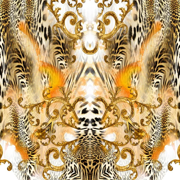Goldene Barock Und Leopardenhaut Mit Geometrischem Muster Stockbild