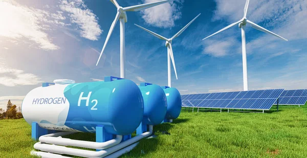 Green Hydrogen renewable energy production pipeline - green hydrogen gas for clean electricity solar and windturbine facility.